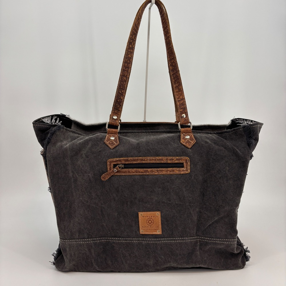 Myra Bag Saddle Belle Weekender Bag Women Large Brown Cowhide Canvas S-12115 - Picture 3 of 13
